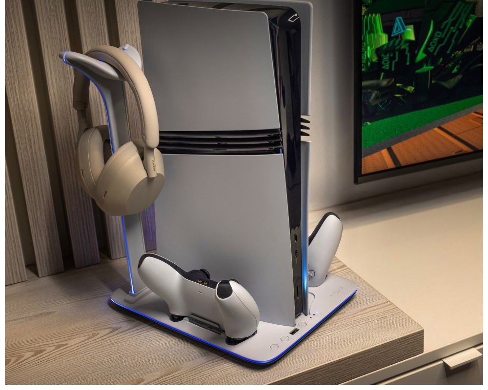 Stojan na herní konzoli FIXED Multifunctional Stand pro PS5 (Pro/Slim) s větráky a nabíjením pro 2xDualSense B&W