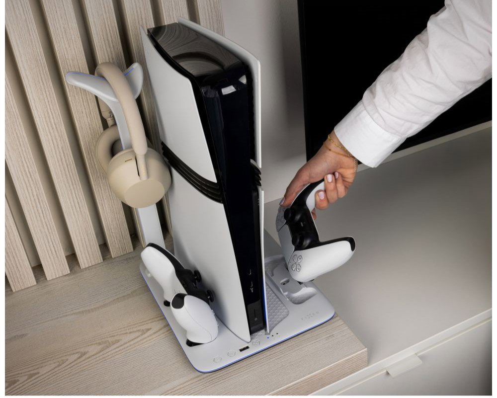 Stojan na herní konzoli FIXED Multifunctional Stand pro PS5 (Pro/Slim) s větráky a nabíjením pro 2xDualSense B&W
