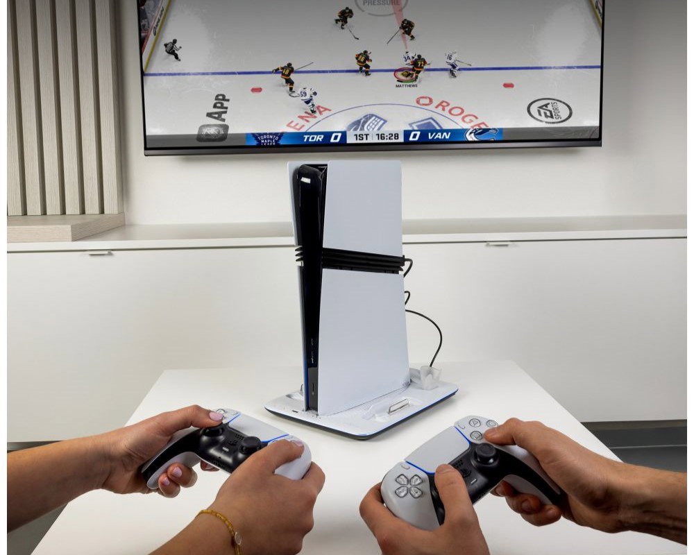 Stojan na herní konzoli FIXED Multifunctional Stand pro PS5 (Pro/Slim) s větráky a nabíjením pro 2xDualSense B&W