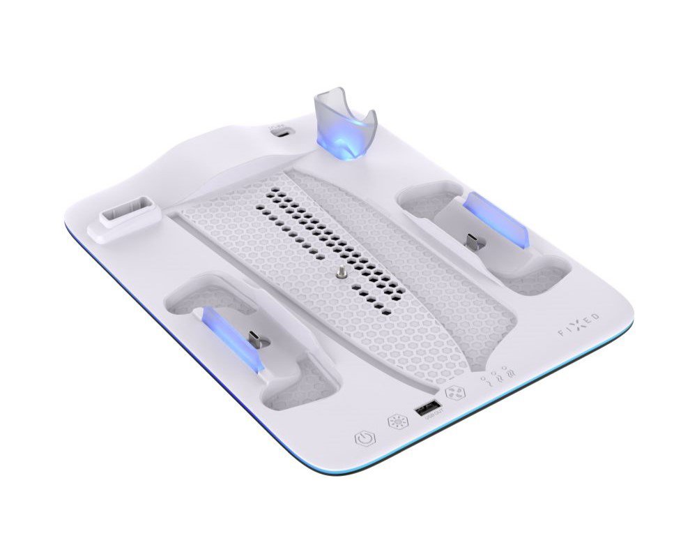 Stojan na herní konzoli FIXED Multifunctional Stand pro PS5 (Pro/Slim) s větráky a nabíjením pro 2xDualSense B&W
