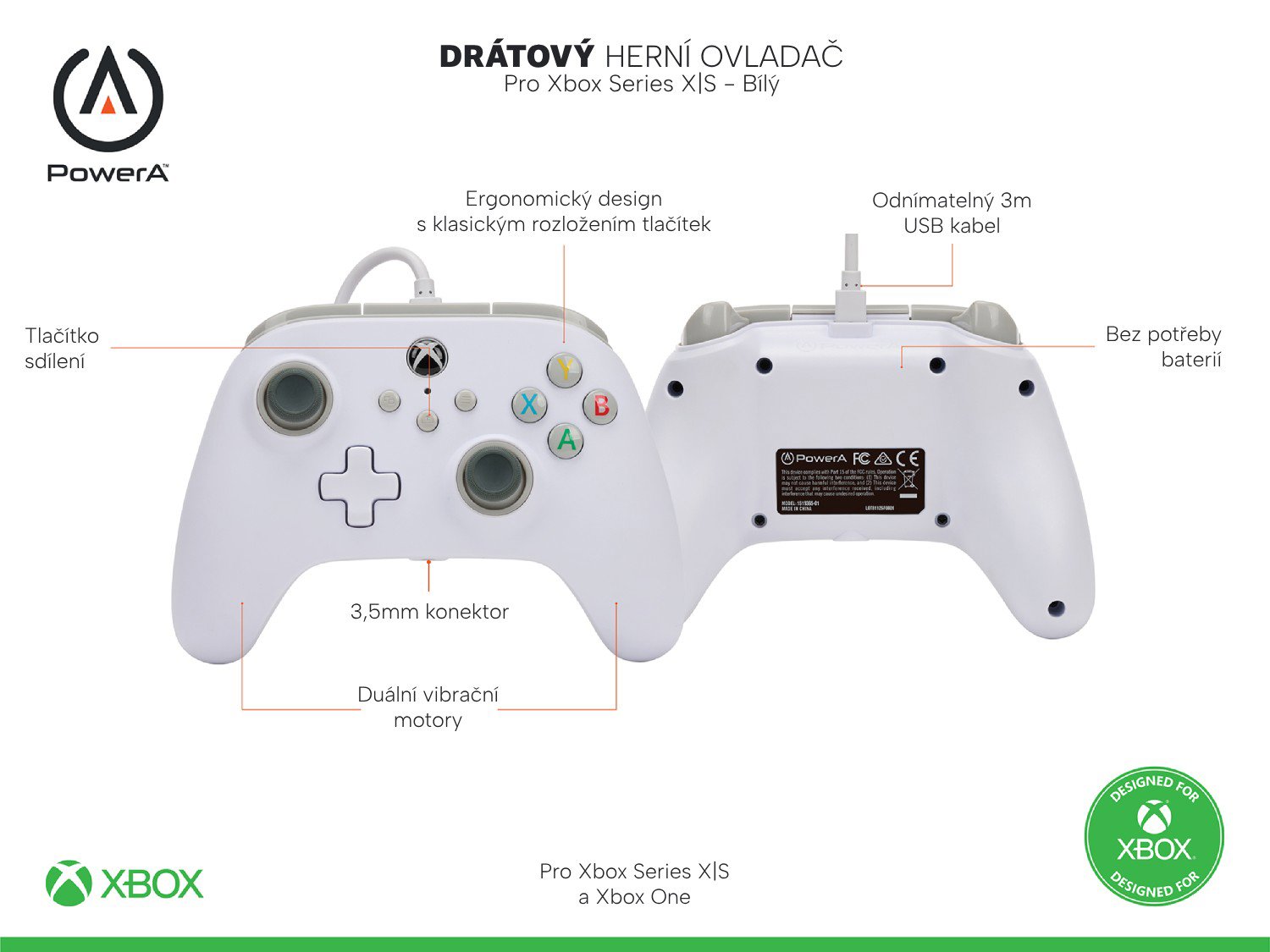 Gamepad PowerA Wired Controller for Xbox Series X|S - White