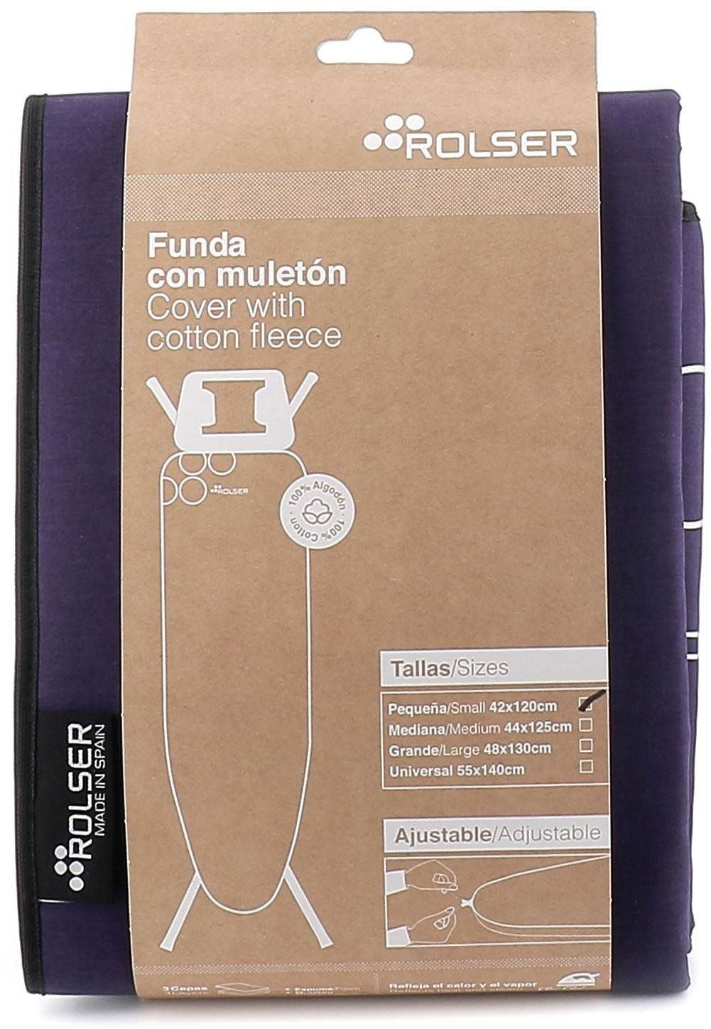 Fialový potah na žehlící prkno Rolser K-S usnadňuje manipulaci díky integrované stahovací šňůrce