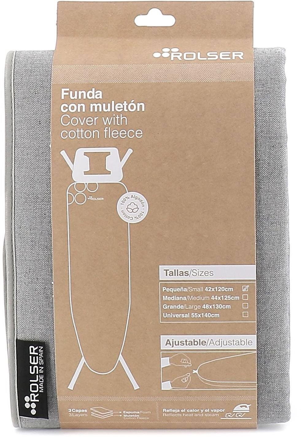 Šedý potah na žehlící prkno Rolser K-S usnadňuje manipulaci díky integrované stahovací šňůrce