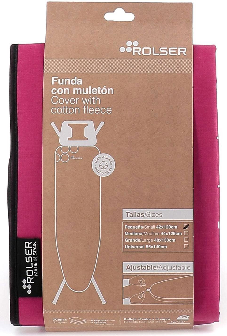 Růžový potah na žehlící prkno Rolser K-S usnadňuje manipulaci díky integrované stahovací šňůrce