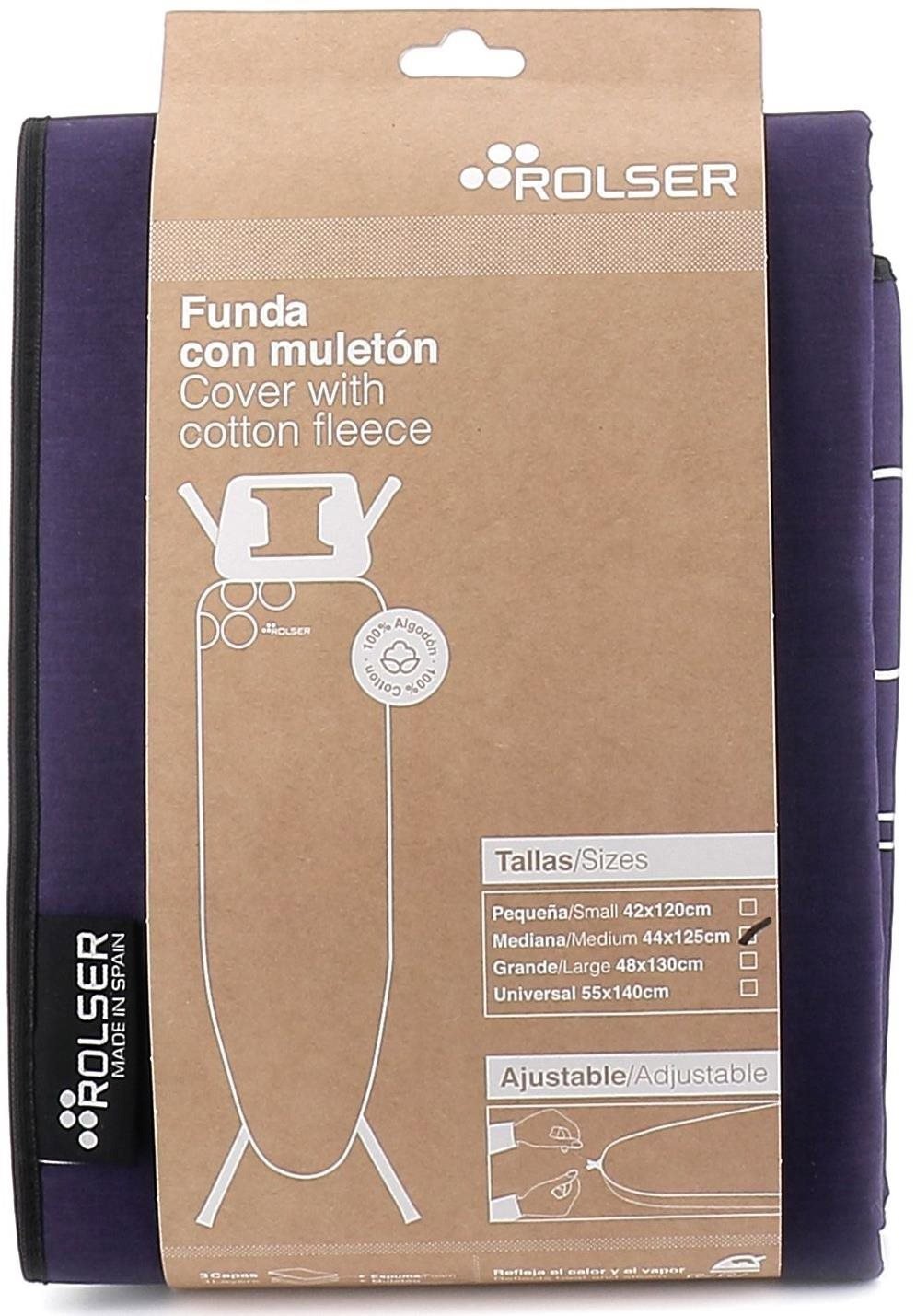 Fialový potah na žehlící prkno Rolser K-UNO M usnadňuje manipulaci díky integrované stahovací šňůrce