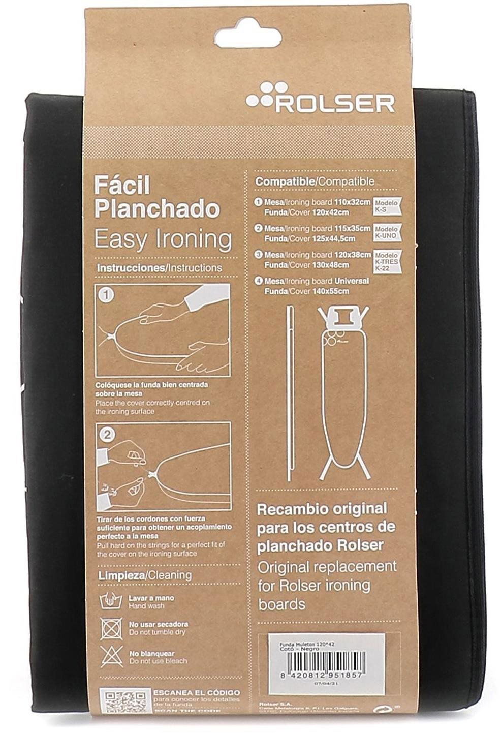 Černý potah na žehlící prkno Rolser K-UNO M usnadňuje manipulaci díky integrované stahovací šňůrce