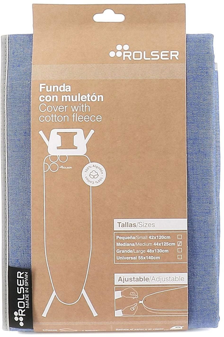 Modrý potah na žehlící prkno Rolser K-UNO M usnadňuje manipulaci díky integrované stahovací šňůrce