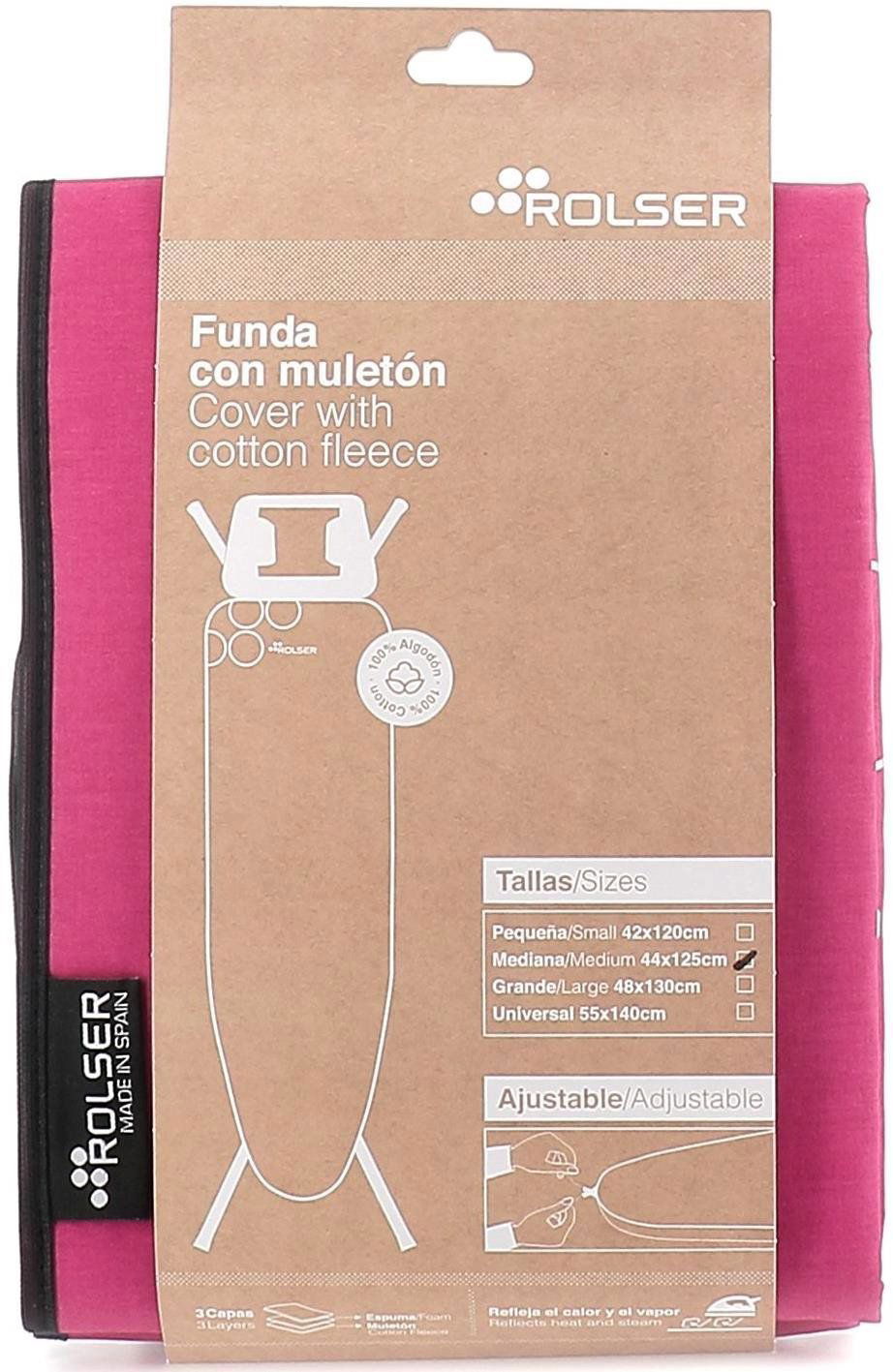 Fuchsiový potah na žehlící prkno Rolser K-UNO M usnadňuje manipulaci díky integrované stahovací šňůrce