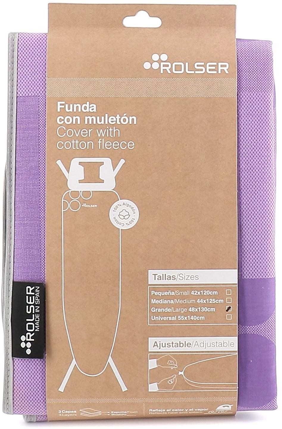 Fialový potah na žehlící prkno Rolser K-22 L usnadňuje manipulaci díky integrované stahovací šňůrce