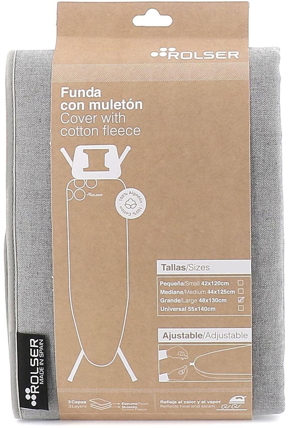 Šedý potah na žehlící prkno Rolser K-22 L usnadňuje manipulaci díky integrované stahovací šňůrce