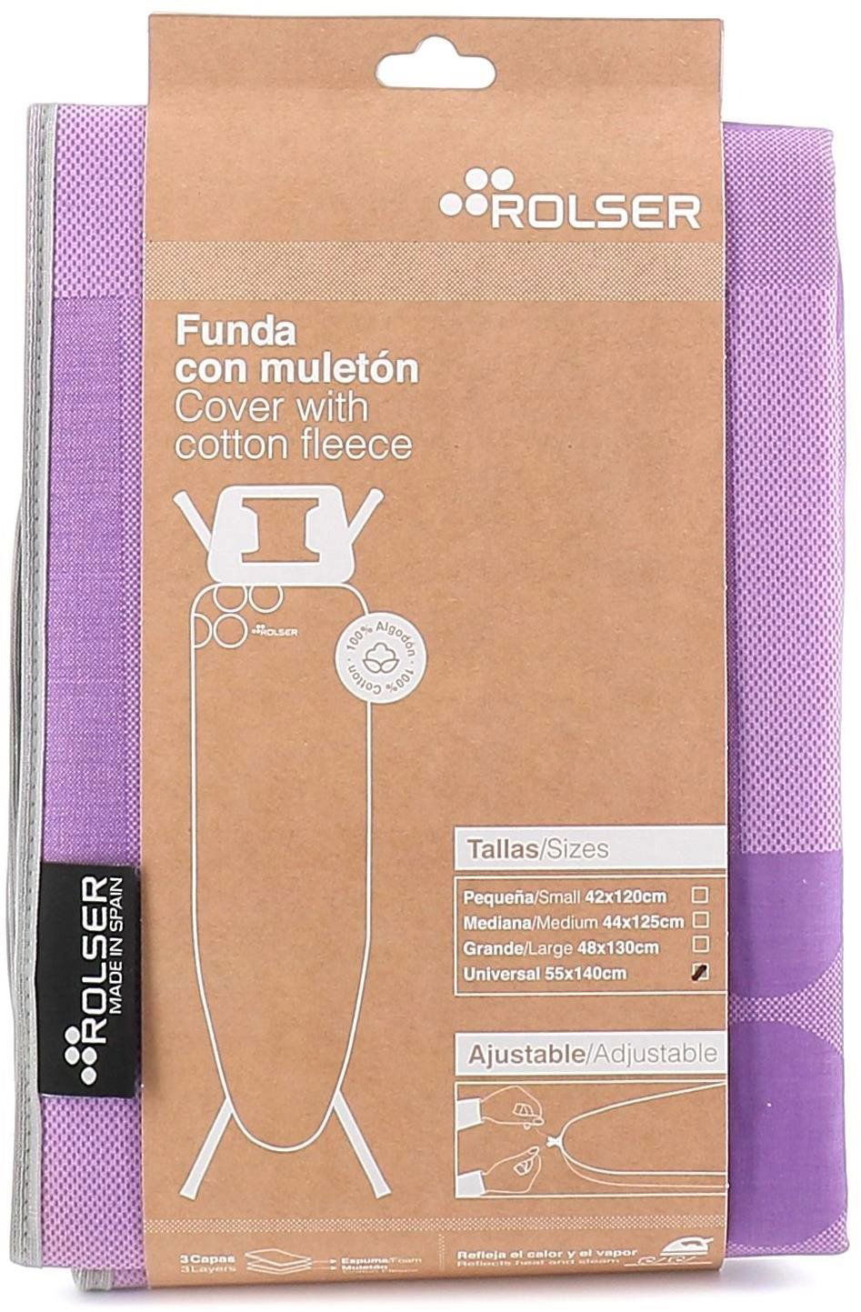 Fialovo-černý potah na žehlící prkno Rolser UNIVERSAL usnadňuje manipulaci díky integrované stahovací šňůrce