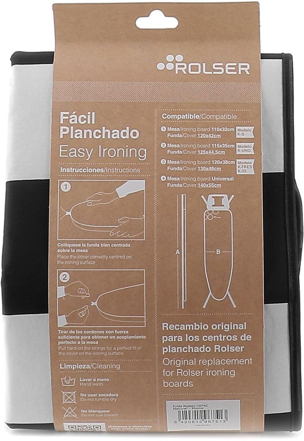 Černobílý potah na žehlící prkno Rolser UNIVERSAL usnadňuje manipulaci díky integrované stahovací šňůrce