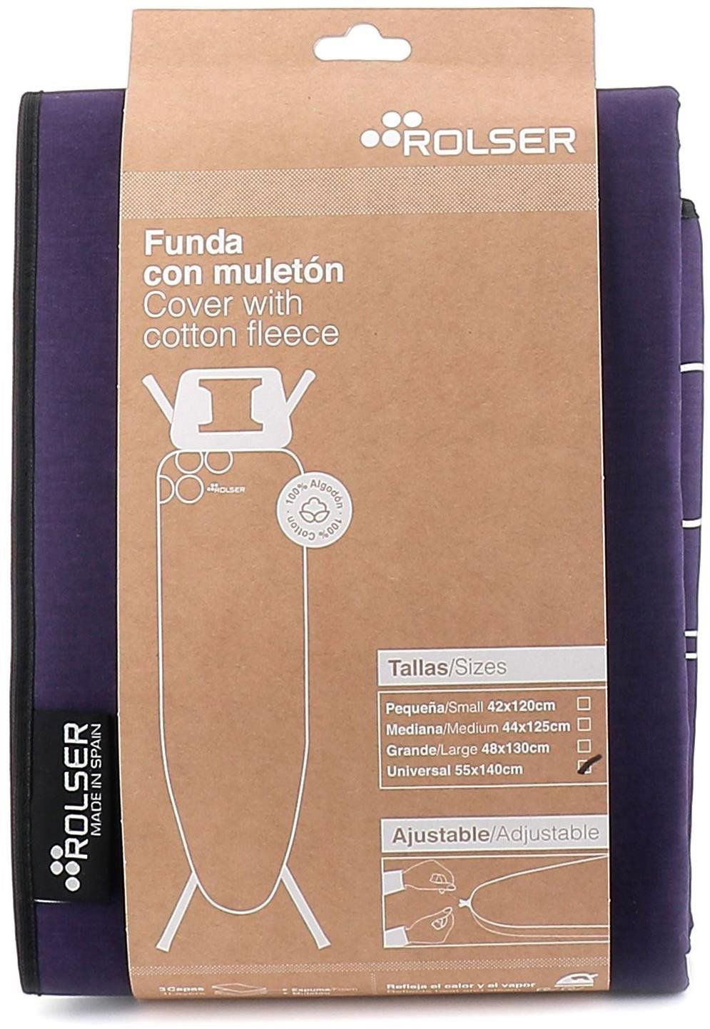 Fialový potah na žehlící prkno Rolser UNIVERSAL usnadňuje manipulaci díky integrované stahovací šňůrce