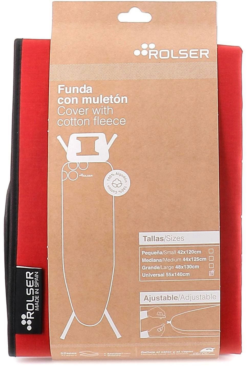 Červený potah na žehlící prkno Rolser UNIVERSAL usnadňuje manipulaci díky integrované stahovací šňůrce