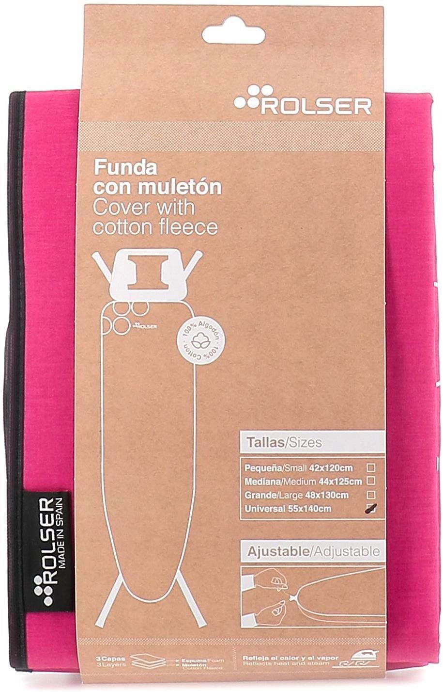Růžový potah na žehlící prkno Rolser UNIVERSAL usnadňuje manipulaci díky integrované stahovací šňůrce